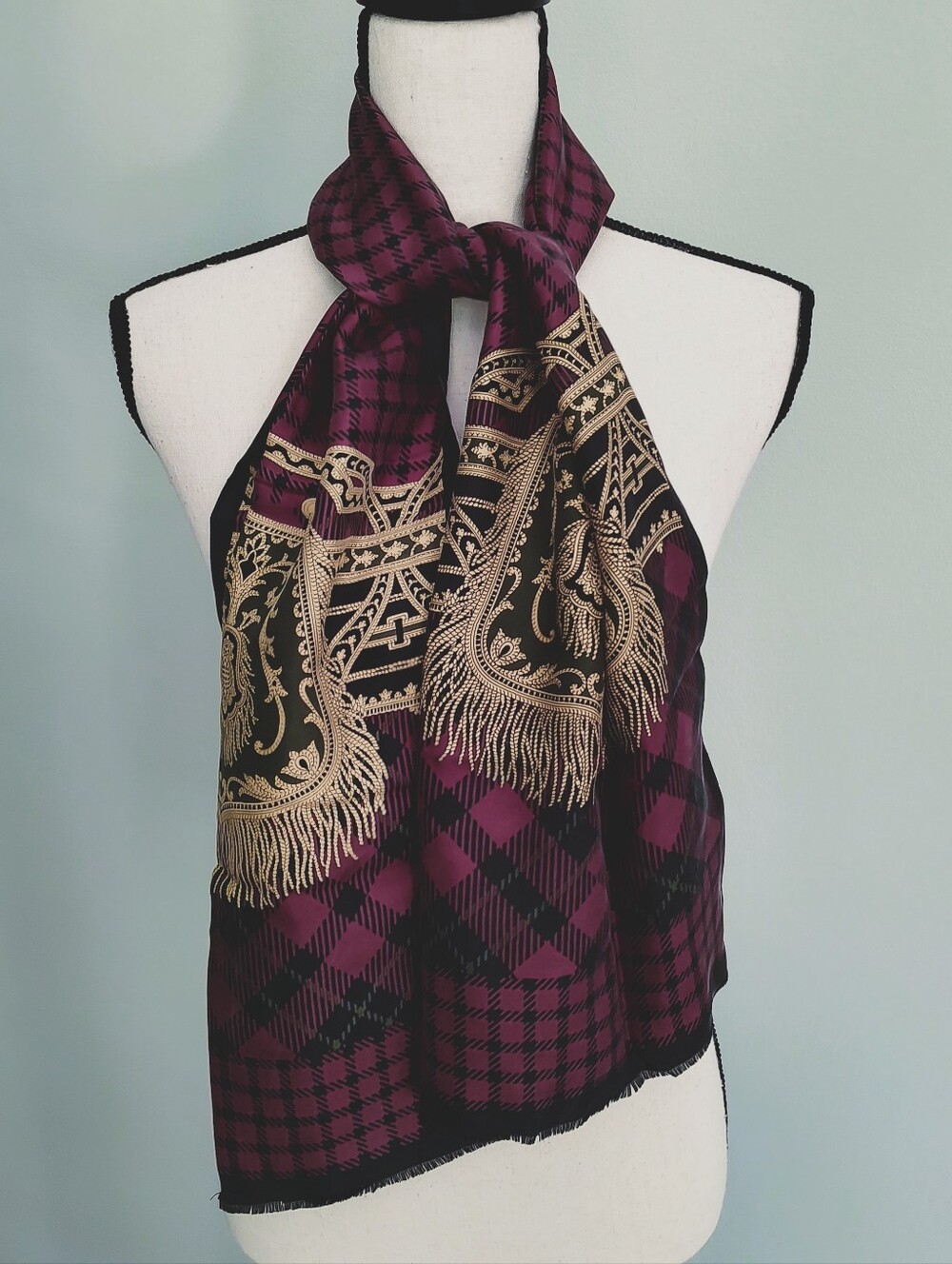 Vintage Talbots Japanese Silk Stole Scarf Scottish Fringe Style Check 90s